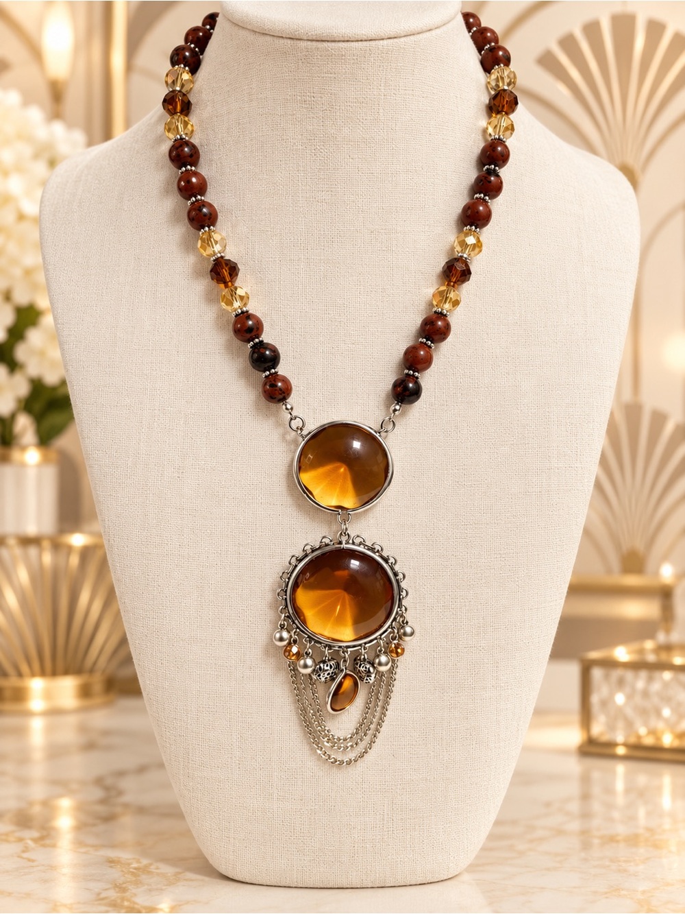 🆕🆕🆕Boho Amber Glass Pendant & Mahogany Obsidian Bead Necklace - Women Jewelry